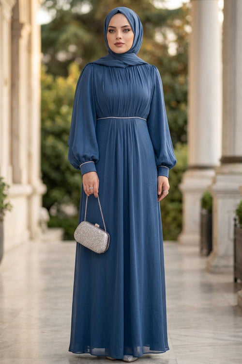 Balloon Sleeve Navy Modest Evening Dress 62312L