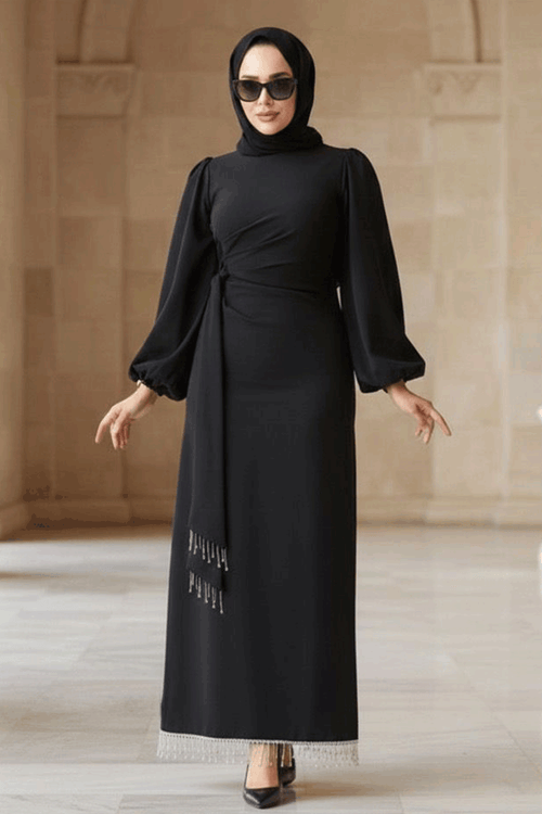 Balloon Sleeve Black Modest Evening Dress 62251S