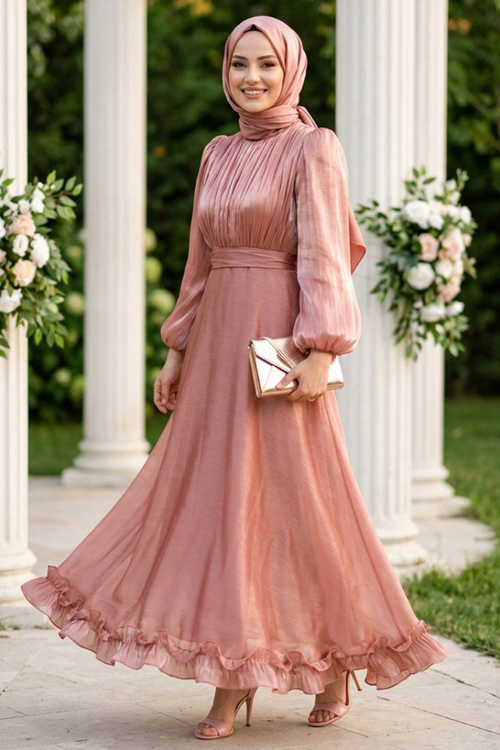 Balloon Sleeve Salmon Modest Evening Dress 6278SMN