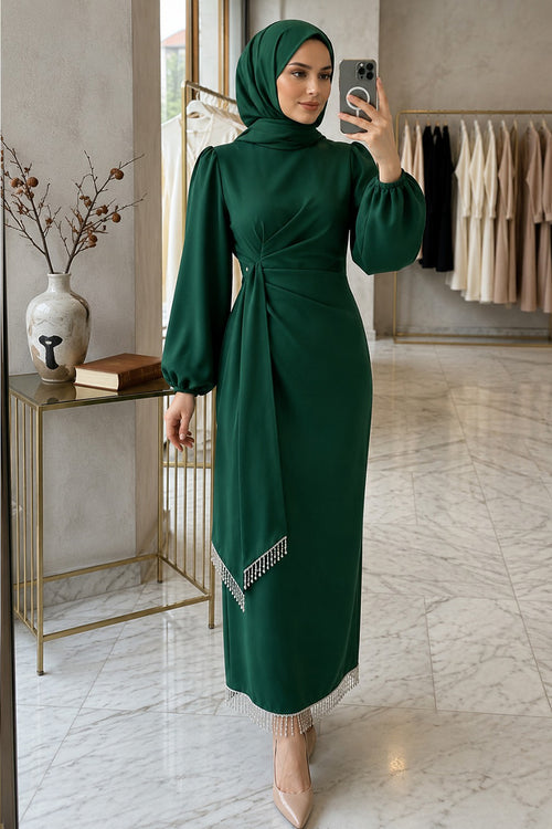 Balloon Sleeve Emerald Green Modest Evening Dress 62251ZY
