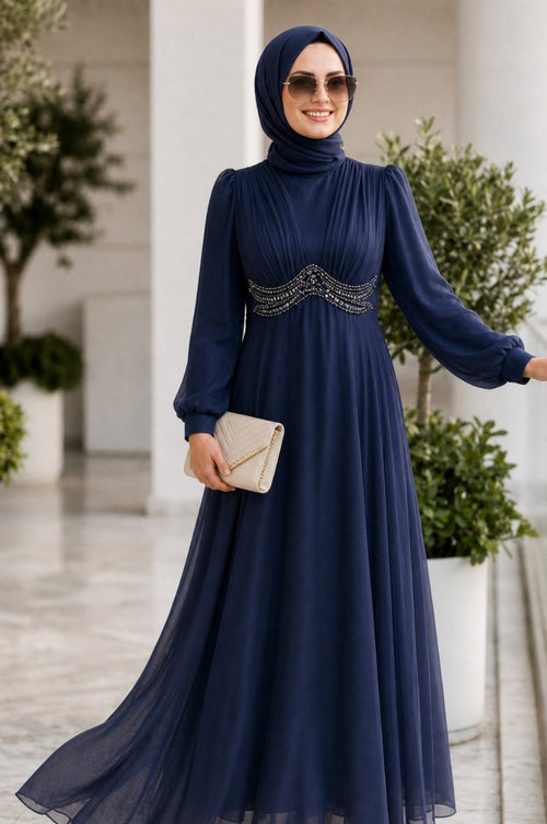 Bead-Detailed Navy Modest Evening Dress 6295L