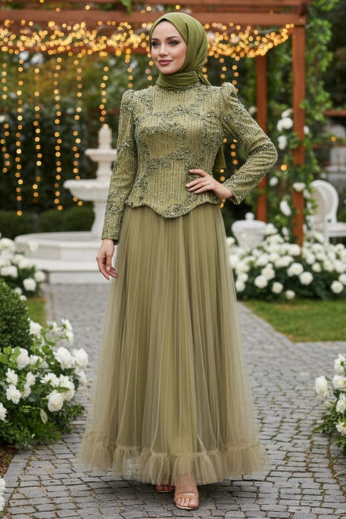 Bead-Embroidered Khaki Modest Evening Dress 55041HK