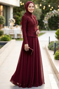 Ruched-Detailed Burgundy Modest Evening Dress 54912BR