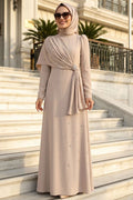 Cape-Detailed Beige Modest Evening Dress 56101BEJ