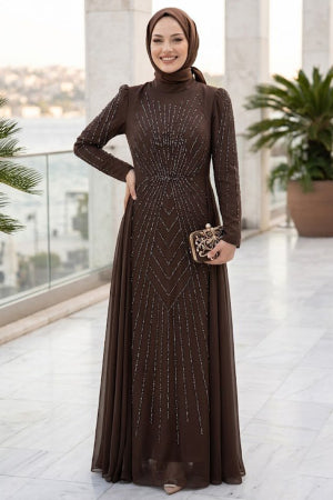 Stone-Embellished Satin Dark Brown Modest Evening Dress 56061KKH