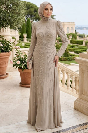 Stone-Embellished Satin Stone Modest Evening Dress 56061TAS