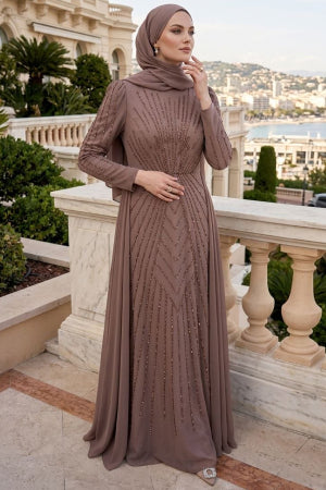 Stone-Embellished Satin Mink Modest Evening Dress 56061V