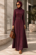 Buckle-Belted Plum Modest Denim Dress 6283MU