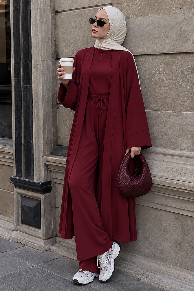 Burgundy ottoman three-piece modest set 14080BR wholesale Turkey fall winter