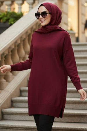 Side-Slit Cherry Modest Knit Sweater 10901VSN