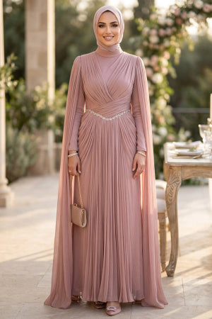 Chain-Detailed Draped Powder Pink Modest Evening Dress 5717PD