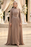 Chain-Detailed Draped Mink Modest Evening Dress 5717V