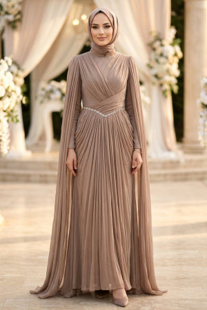 Chain-Detailed Draped Mink Modest Evening Dress 5717V